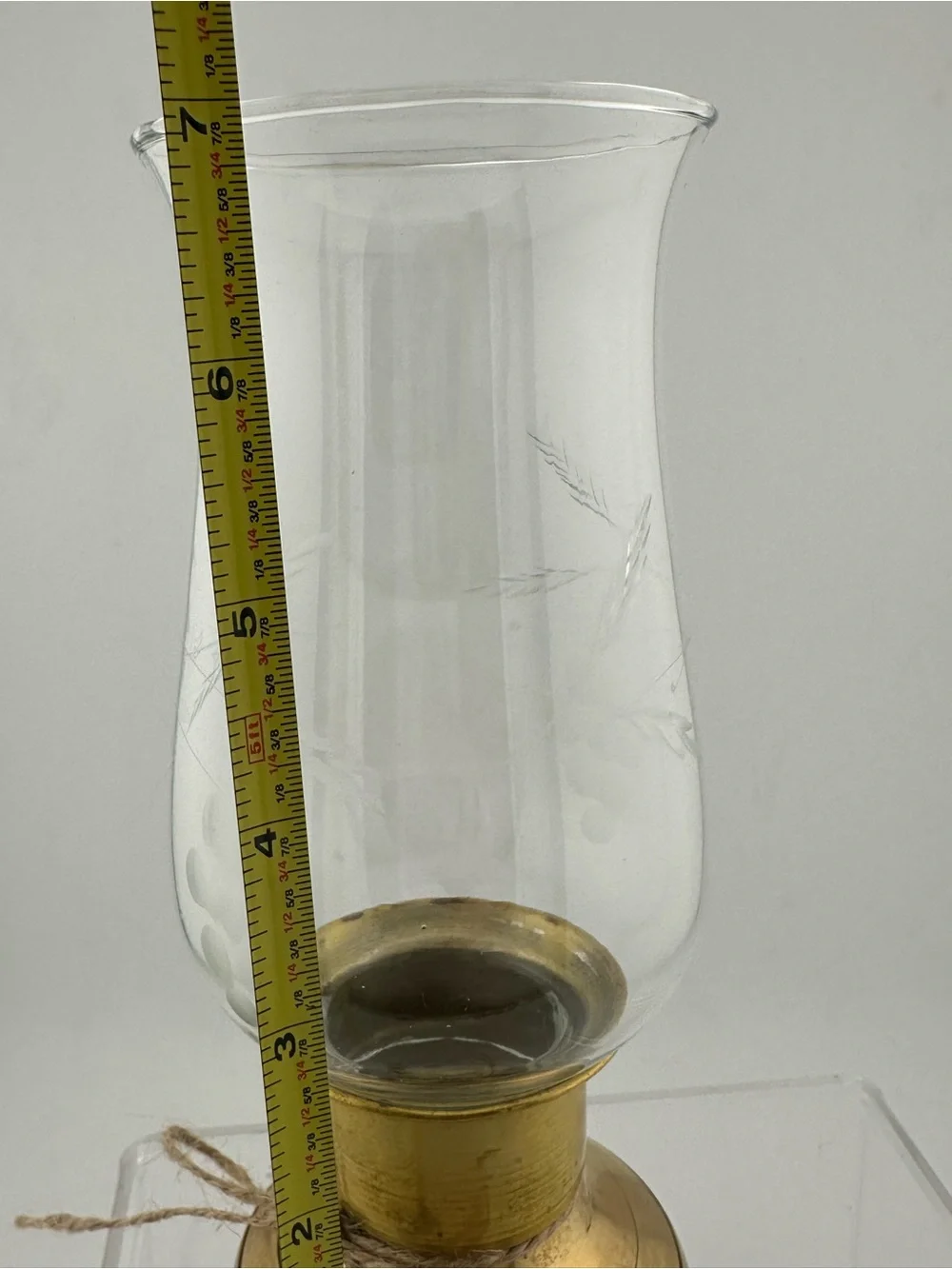 Vintage Brass Base Glass Hurricane Vase with etched Floral Accent